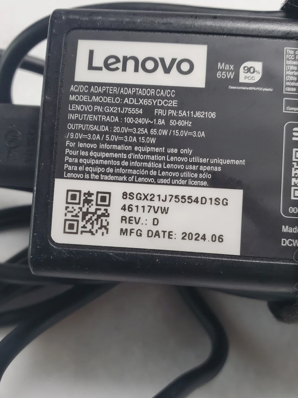 Lenovo Black AC/DC 65W Laptop Power Adapter